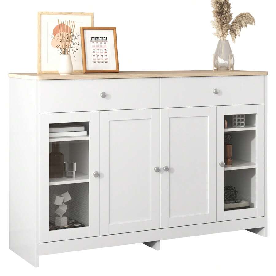 White Sideboard With Wood Effect – 4 Doors, 2 Drawers – Perfect For Living Room/Dining Room - White - View 1