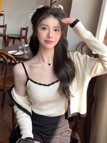 Autumn/Winter New Korean Style Sweet Casual Knit Sweater Set For Women, Preppy Contrast Color Long Sleeve Cardigan + Camisole 2-Piece Set, Versatile For Daily Commute - Apricot - View 3