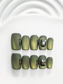 10片裝極簡低調風手工穿戴甲，Polygel美甲套組，梯形與正方形圖案，綠色指甲油，中式風格，附美甲工具，3種尺寸可選：正方形、短正方形、杏仁形，適合派對、舞蹈、日常佩戴 - 彩色 - 查看 4