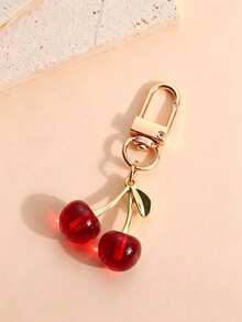 1pc Women's New Shiny Artificial Cherry Key Chain Pendant Accessory, Fashionable Exquisite 3D Fruit Bag Phone Chain Car Key Charm - Burgundy - View 3