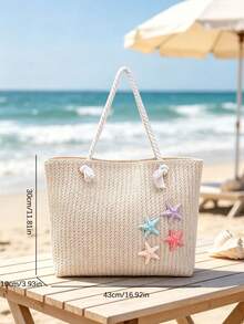 Vacation Style Relaxed Fashion Woven Tote Bag, Starfish Hanging Decoration Design, Large Capacity Simple And Atmospheric Texture Shoulder Bag. - Beige - View 5