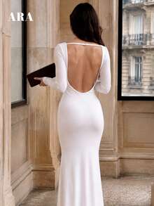 ARA CHIC Women White Square Neck Low Open Back Maxi Dress Long Sleeve Ruched Side Waist Bodycon Elegant Party Wedding Guest Dress Fall - White - View 10