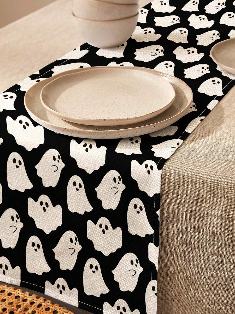 1pc Halloween Pattern Printed Linen Table Runner, Placemat, Suitable For Holiday, Party, Birthday, Dinner, Kitchen Dining Table Decoration, Shoe Cabinet Storage Cabinet Cover, All Season Room Decoration, Home Textile Decoration Table Runner, Placemat - Multicolor - View 1