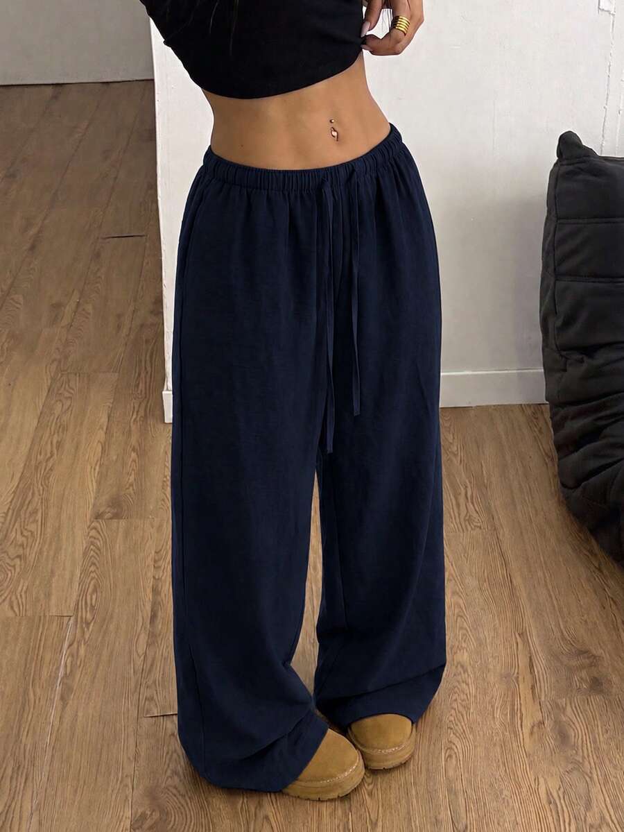 Women's Summer/Autumn Comfortable Breathable Casual Pants With Elastic Waist, Drawstring, Loose Drape, Lazy Bohemian Style Wide Leg Long Pants - Royal Blue - View 1