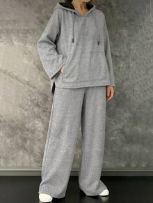 Women's Autumn/Winter Slouchy Mixed Color Hooded Top & Straight Leg Sweatpants Minimalist Casual 2-Piece Set - Grey - View 5