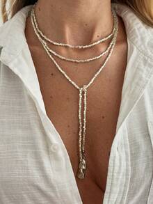 1pc Street Style Geometric Square Bead Asymmetrical Disc Pendant Tassel Long Necklace, Luxury Fashion Casual Street Photography Travel Vacation Wedding Banquet Couple Date Women Birthday Holiday Versatile Jewelry Necklace Gift - Necklace - View 1