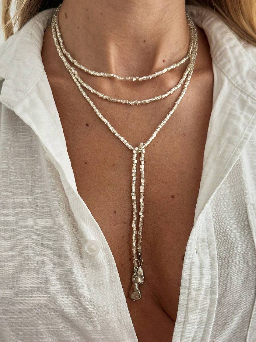 1pc Street Style Geometric Square Bead Asymmetrical Disc Pendant Tassel Long Necklace, Luxury Fashion Casual Street Photography Travel Vacation Wedding Banquet Couple Date Women Birthday Holiday Versatile Jewelry Necklace Gift - Necklace - View 1