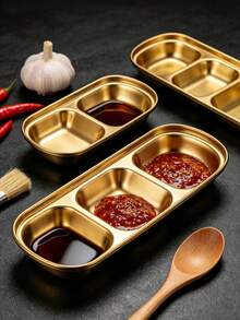 Multi-Compartment Stainless Steel Condiment Dish, Odor-Resistant, Easy To Clean And Durable Tabletop Storage Organizer. Thickened Material Kitchen Divided Plate, Suitable For Sauces And Side Dishes. Keep Your Tabletop Tidy (Preferred For Exquisite Living); Kitchen Accessories, Kitchen Gadgets, Condiment Dish, Dipping Dish, Kitchen Essentials, Perfect Practical Gift For Families Who Care About Healthy Eating. - Gold - View 4