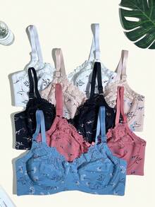 5pcs Set Artistic Floral Print Underwire Bra, Large Bust Minimizing, Side-Boob Smoothing, Push-Up, Plus Size Women's Lingerie With Patchwork Hollow Lace Trim - Multicolor - View 3