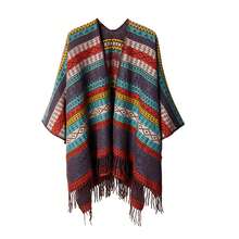 CAMEL CROWN Women's Bohemian Style Tassel Shawl Cape Open Front Knit Poncho Cardigan, Geometric Stripe Oversized Ruana Sweater, Autumn/Winter Travel Casual - Peacock Blue - View 6