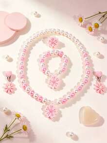 5pcs/Set Floral Faux Pearl Jewelry Necklace Bracelet Ring Clip-On Earrings For Girls Princess Party Dress-Up Gift - one-size - View 1