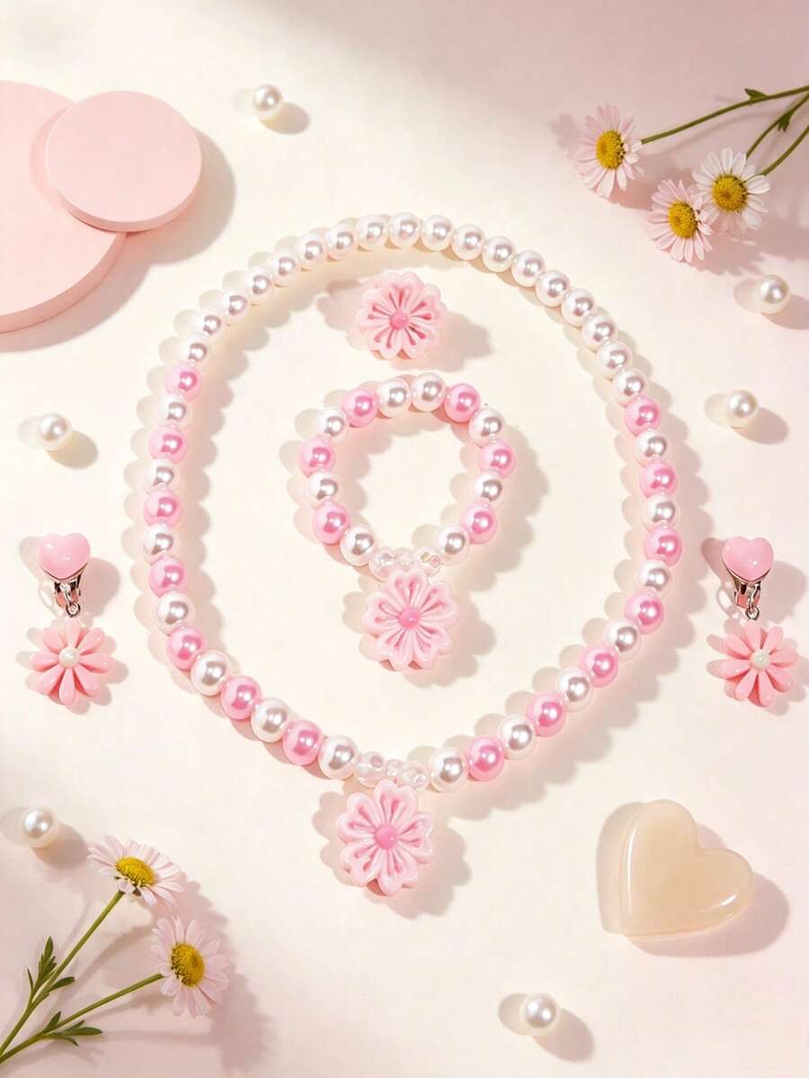5pcs/Set Floral Faux Pearl Jewelry Necklace Bracelet Ring Clip-On Earrings For Girls Princess Party Dress-Up Gift - one-size - View 1