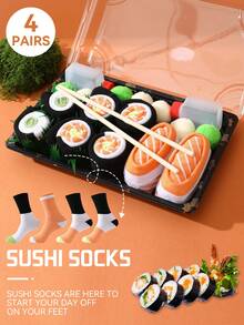 4 Pairs Whimsical & Funny Sushi-Shaped Mid-Calf Casual Socks, Gift For Men/Women, Creative Realistic Sushi Design, Unique Gift Item, Suitable For Christmas/Halloween/Day Of The Dead/Labor Day/St. Patrick's Day/Father's Day/Easter Gifts, Suitable For Home Relaxation/Family Gatherings/Short Trips/Themed Parties/Friends & Family Birthdays/Couple Anniversaries/Date Outings - Multicolor - View 3