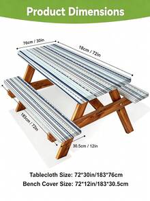 3 Pieces Picnic Tablecloth Set With Bench Cover, Elastic Edge Design, Striped Pattern, Washable Rectangular Tablecloth, Suitable For Weddings, Camping, Picnics, Garden Parties And More, Practical Essential - C - View 3