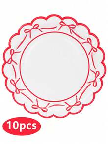 10/20/50pcs Bow Pattern Disposable Party Plates, Scalloped Edge Black Red Paper Cake Plates Dessert Plates With Ribbon Design, Party Tableware Supplies For Birthday, Wedding, Bridal Shower, Baby Shower, Anniversary, Holiday Celebration - View 10