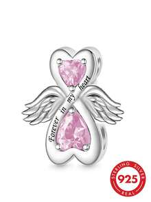 1件 S925 純銀天使之翼愛心腳印珠，粉色鋯石刻字「Forever In My Heart」寵物紀念 DIY 手鍊大孔銀珠 - 銀色 - 查看 2