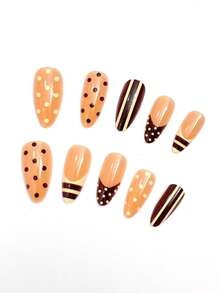 Autumn/Winter Nails, 24pcs/Set Almond Shape French Polka Dot Zebra Stripe Press-On Short Nails Wearable Set Suitable For Hot Girls, Office Women, Parties, Dates And Daily Wear And Party Use - Multicolor - View 2