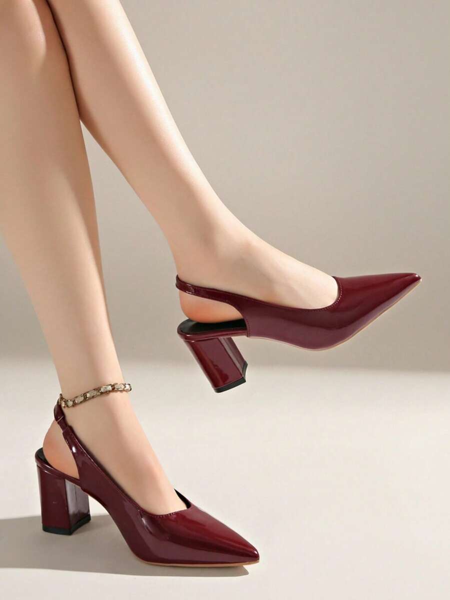 2026 Spring/Summer New Women's Chunky Heel Closed-Toe Sandals, French Elegant Niche Pointed Toe Slingback High Heels, - Burgundy - View 1