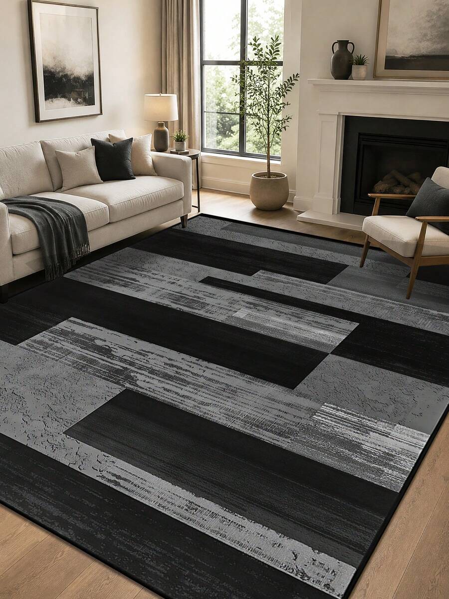 1pc Geometric Textured Pattern Rug, Black White Gray Printed Polyester Rectangular Easy Care Washable Area Carpet, Suitable For Living Room, Hallway, Bedside, Sitting Room, Bedroom, Office, Kitchen, Farmhouse Home Decor - Multicolor - View 1