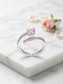 1pc Silver Luxury Sweet Pink Zirconia Open Ring, Suitable For Women's Daily Commute, Date, Party, Vacation Wear, Jewelry Gift - Silver - View 5