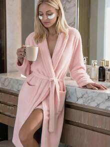 Bathrobe Soft Touch Contain Cotton Bathrobe For Women & Men - Made In Turkey, Lightweight, Absorbent, Comfortable Bath Robe - Baby Pink - View 4