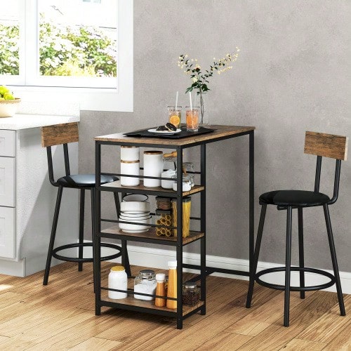 Bar Table With Bar Stool Set, 3-Piece Bar Table Set With Kitchen Table, 3 Shelves, 2 Bar Stools, Modern Style, Dining Set For Dining Room, Kitchen, Steel, Oak - Oak - View 1