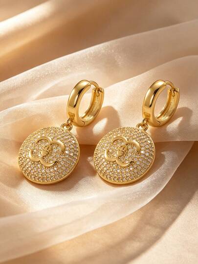 MTOW 1 Pair Double C Logo Circular Disc Pendant Earrings, Women's Cubic Zirconia Pendant Earrings, Fashionable And Luxurious Copper Jewelry
