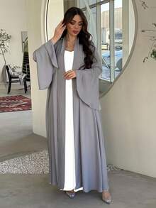 Elegant Round Neck Ruffle Cuff Long Sleeve Abaya Dress, Loose Comfortable Islamic Long Dress, Suitable For Middle East Daily Street Wear - Multicolor - View 3