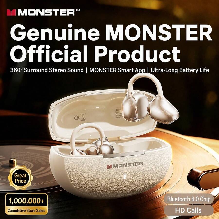 Monster Q13 耳夾式開耳真無線藍牙耳機，輕量舒適佩戴，觸控操作，低延遲遊戲模式，ENC通話降噪，防汗設計，適合日常運動健身