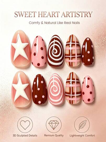 10 Pcs Y2K Aesthetic Almond Press On Nails, Glossy Fake Nails With White Star, Polka Dots, Spiral Swirl And Plaid Grid Pattern, Reusable Easy Apply Stick-On ,Suitable For Daily Outfits, Casual Hangouts, Sweet Lovely Nail