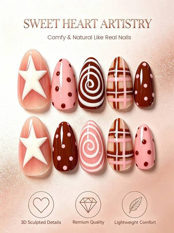 10 Pcs Y2K Aesthetic Almond Press On Nails, Glossy Fake Nails With White Star, Polka Dots, Spiral Swirl And Plaid Grid Pattern, Reusable Easy Apply Stick-On ,Suitable For Daily Outfits, Casual Hangouts, Sweet Lovely Nail