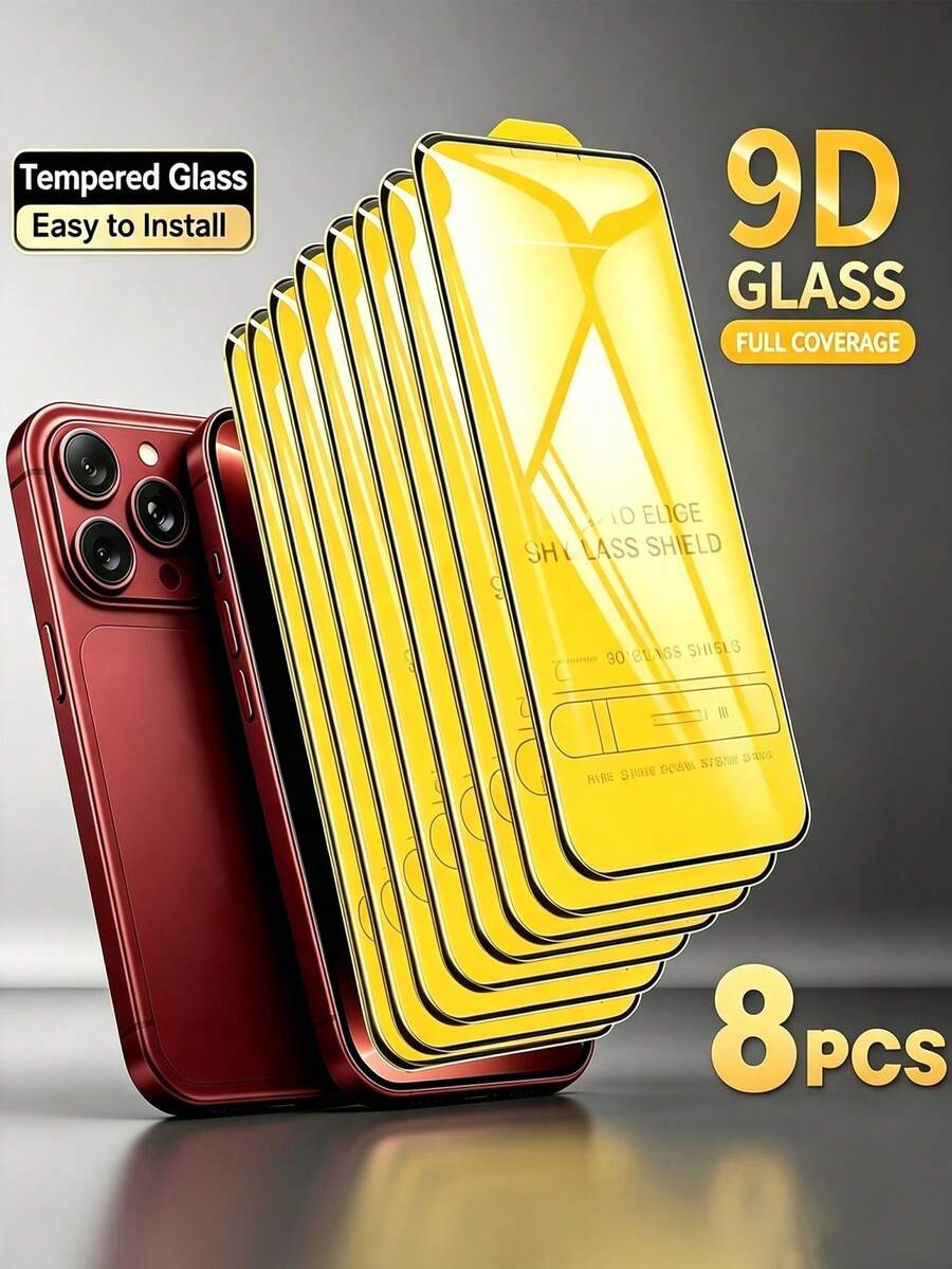 8 Pack 9D Tempered Glass Screen Protector For IPhone 18 Pro/18 Pro Max/17 Pro/Air/16 Pro Max/15 Pro Max/16/15/14/13/12/11/Plus/X/XS/XR/XS Max/Mini, High-Definition Glossy Finish, Easy Installation, Scratch & Impact Resistant, Anti-Fingerprint - Clear - View 1
