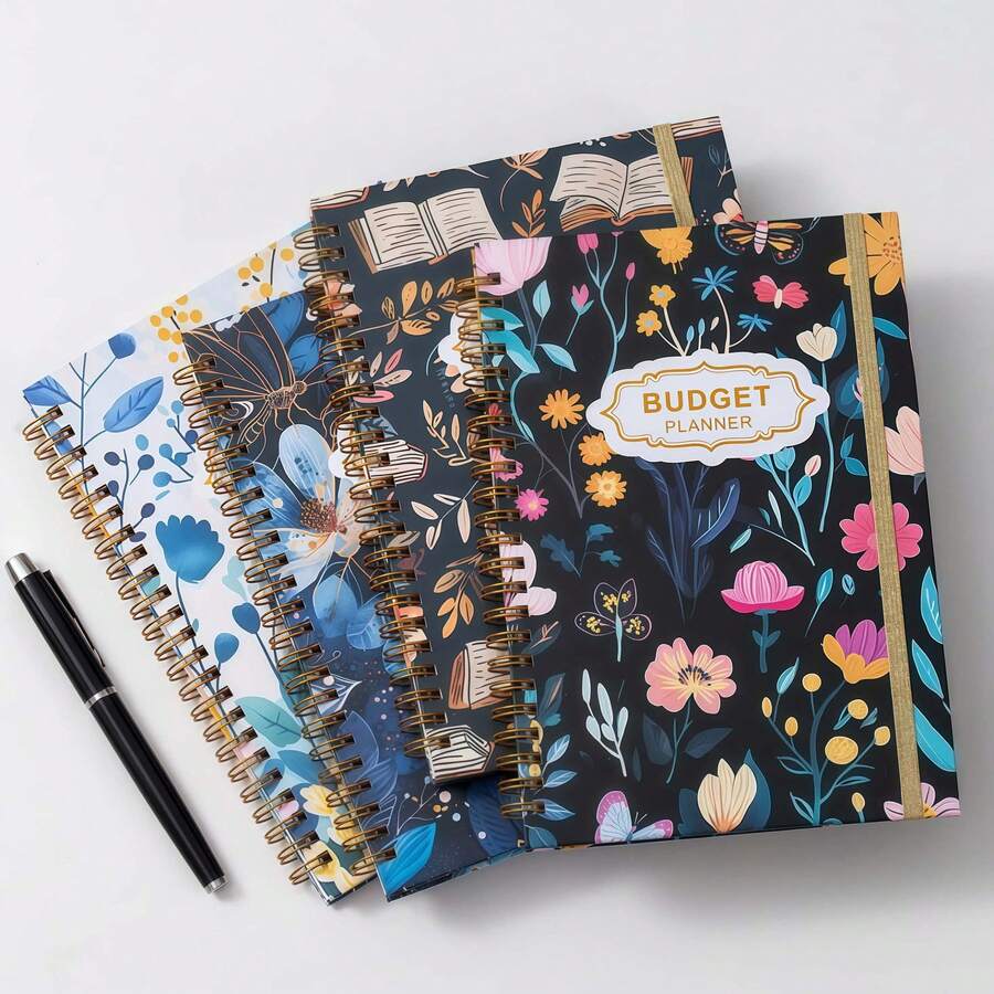 Creative Floral Spiral Bound Budget Planner Notebook With Strap, Customizable Printable Memo Pad - Multicolor - View 1