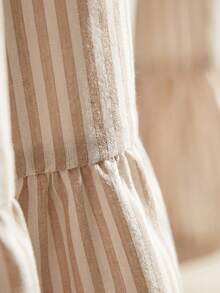 1pc Olive Green & White Fine Striped Table Skirt, Natural Fresh Style Fabric Material, Rectangular Bottom With Ruffle Edge And Pleated Details, Storage Concealment And Decorative Beautification Function, Suitable For Shelf Cover And Pastoral Home Decor - Apricot - View 2