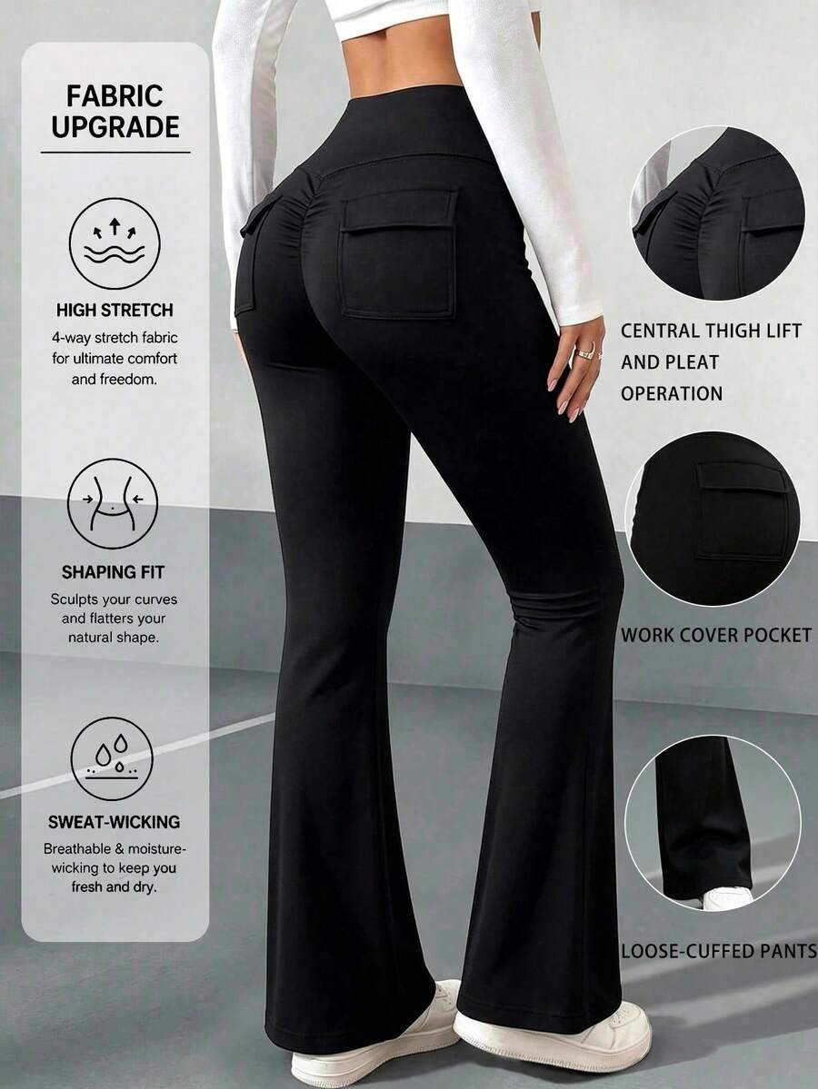 VENORA High Elastic Bootcut Yoga Pants, Back Ruched Pocket Hip Lift Flare Leggings, Slim Fit Daily Workout Bell Bottom Pants,Sportswear,Gym,Fall - Black - View 1