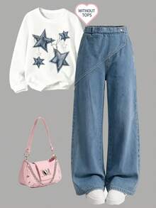1pc Girls Spring/Autumn Denim Jeans, Asymmetrical Rolled Waistband Single Button Design Loose Wide Leg Denim Pants - Medium Wash - View 3