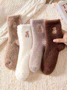 3 Pairs Warm & Comfortable Cute Bear Embroidery Pattern Women's Fuzzy Mid-Calf Socks, Suitable For Autumn/Winter - Multicolor - View 4