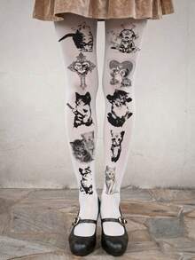1 Pair Plus Size Cat Print High Elasticity Tights, Sexy Fashion Cute Y2K Style, Suitable For Daily Wear, Dating, Spring/Autumn Parties - Multicolor - View 2
