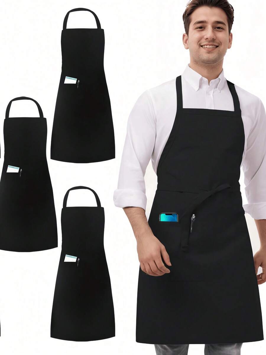1pc, 3pcs, 6pcs, 12pcs Unisex Black Aprons, Machine Washable - Black - View 1