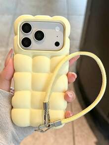 Creative Cute Cream Color 3D Cloud Cube Design Phone Case, Compatible With IPhone 18 Pro Max 17 Pro Max 17 Pro 17 16 Pro Max 16 Pro 16 15 Pro Max 15 Pro 14 Pro Max, With Anti-Loss Lanyard Wrist Strap, Minimalist Cute Matte Shockproof Cushioning Case - Yellow - View 2