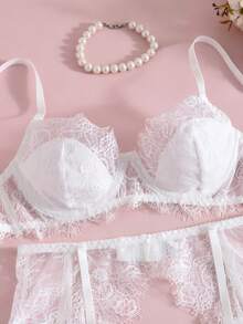 4pcs Women's Sexy Lingerie Set White Lace Mesh Sheer Underwire Bra, Waist Belt With Leg Rings, Panties, For Valentine's Day Home Bedroom Couple Play - 白色 - 查看 8