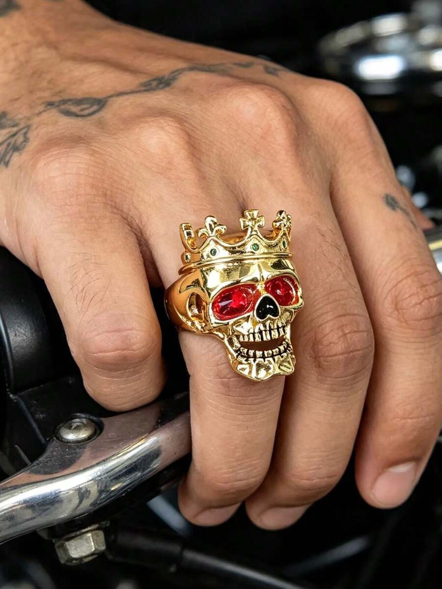 Vintage Crown Skull Men's Ring, Gold-Tone Red Eye Gemstone Embossed Band, Personalized Motorcycle Style Ring Accessory With Strong Vibe, Men's Daily Party Wear Jewelry, Halloween Gift - Multicolor - View 1