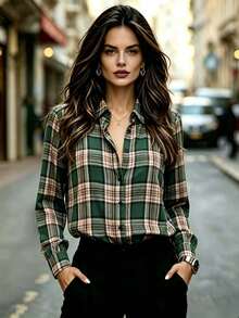 Stylish Women's Fall Plaid Button Shirt, Long Sleeve Regular Hem Woven Fabric Top For Casual Wear - Dark Green - View 6