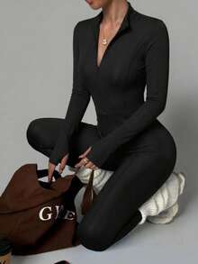 Women's Long Sleeve Zipper Fitted Jumpsuit, High Elastic Design, Slimming And Flattering, Comfortable And Skin-Friendly, Suitable For Daily Wear And Sports - Black - View 2
