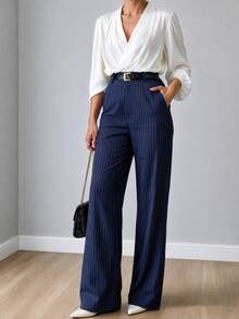 Women's Striped Pocket Casual Versatile Minimalist All-Season Commute Office Loose Straight Leg Pants - Navy Blue - View 4
