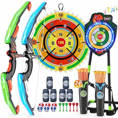 Paquete de 2 arcos y flechas para niños con tablero de dardos grande de 29" y objetivo de dinosaurio |   Set de Tiro con Arco Iluminado con 24 Flechas de Ventosa, Juguetes Deportivos para Interiores y Exteriores, Regalos para Niños y Niñas