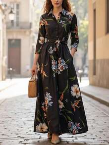 Floral Print Vintage Elegant Woven Fabric Belted Dress For Evening Date Holiday School Vacation Daily Garden Spring Autumn Winter - Black - View 1