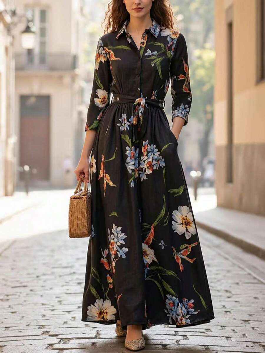 Floral Print Vintage Elegant Woven Fabric Belted Dress For Evening Date Holiday School Vacation Daily Garden Spring Autumn Winter - Black - View 1