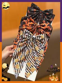 Women's Halloween Bow Hair Clip Set, Pumpkin Bat Ghost Print Long Tail Bow Hair Clips For Women And Girls, Halloween Party Cosplay Daily Hairstyle Accessories, Women's Hair Accessories, Street Photography Hair Accessories, Halloween Costume, Matching Halloween Devil Party Costume Hair Accessories - Multicolor - View 5