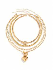 4pcs/Set Fashion Beaded Classic Heart Pendant Necklace, Geometric OT Clasp Collarbone Chain. Multi-Layer Stackable Gold Jewelry, Passionate Romantic Women Necklace Set. Suitable For Daily Wear And Date Photography. Necklace Length Can Be Trimmed As Needed, Adjustable Strand Count. - Heart Stacking Necklace - View 4